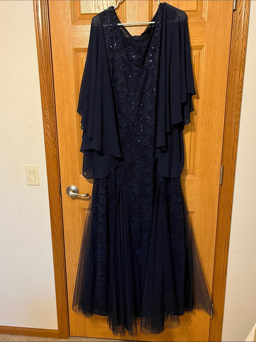 Navy Sequin Lace Evening Wedding Dress with Chiffon sleeves